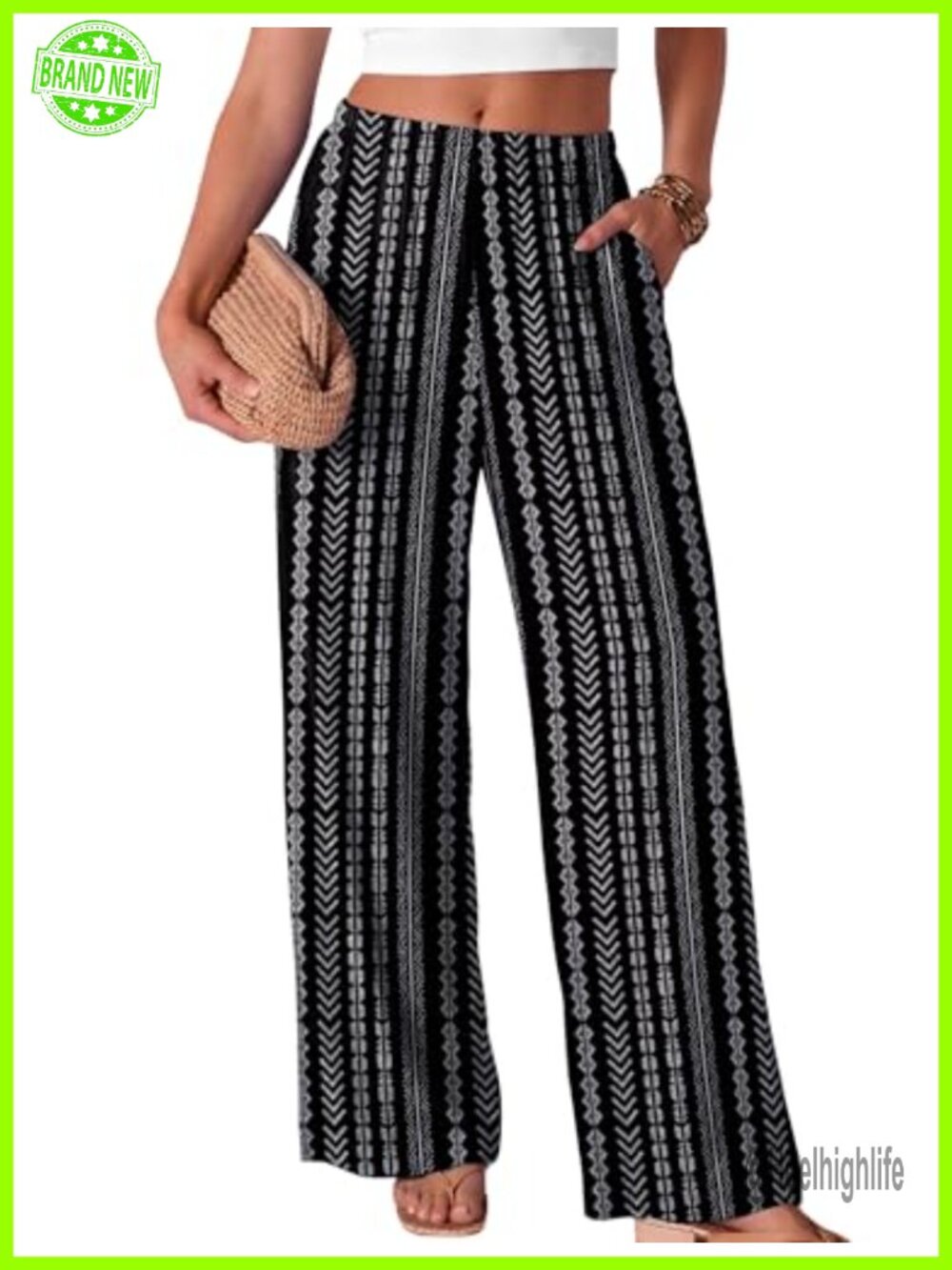 Wide Leg Palazzo Pants for Women Flowy Elastic Waist Trousers with Pockets